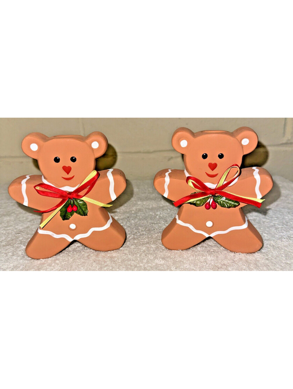 Set of 2 Vtg 1990 Holiday Collection Terracotta Teddy Bear Candle Holder 5" x 4"